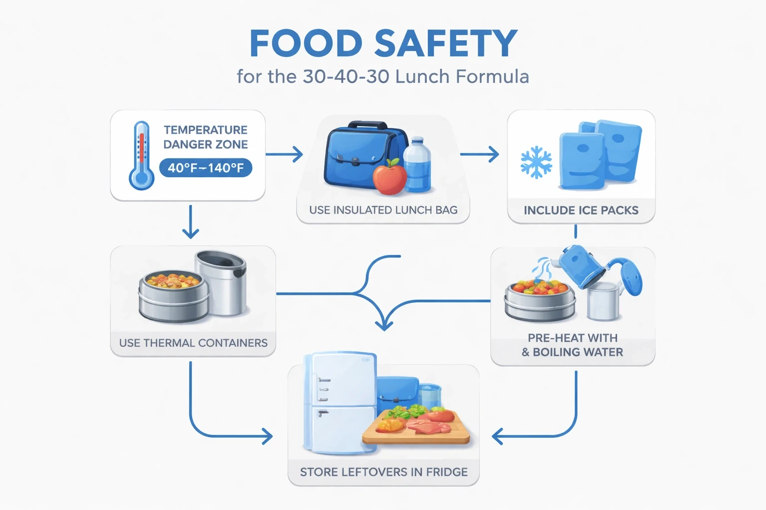 Modern flowchart illustrating food safety steps for the 30-40-30 lunch formula, using site background #efefef and accent color #3b82f6.