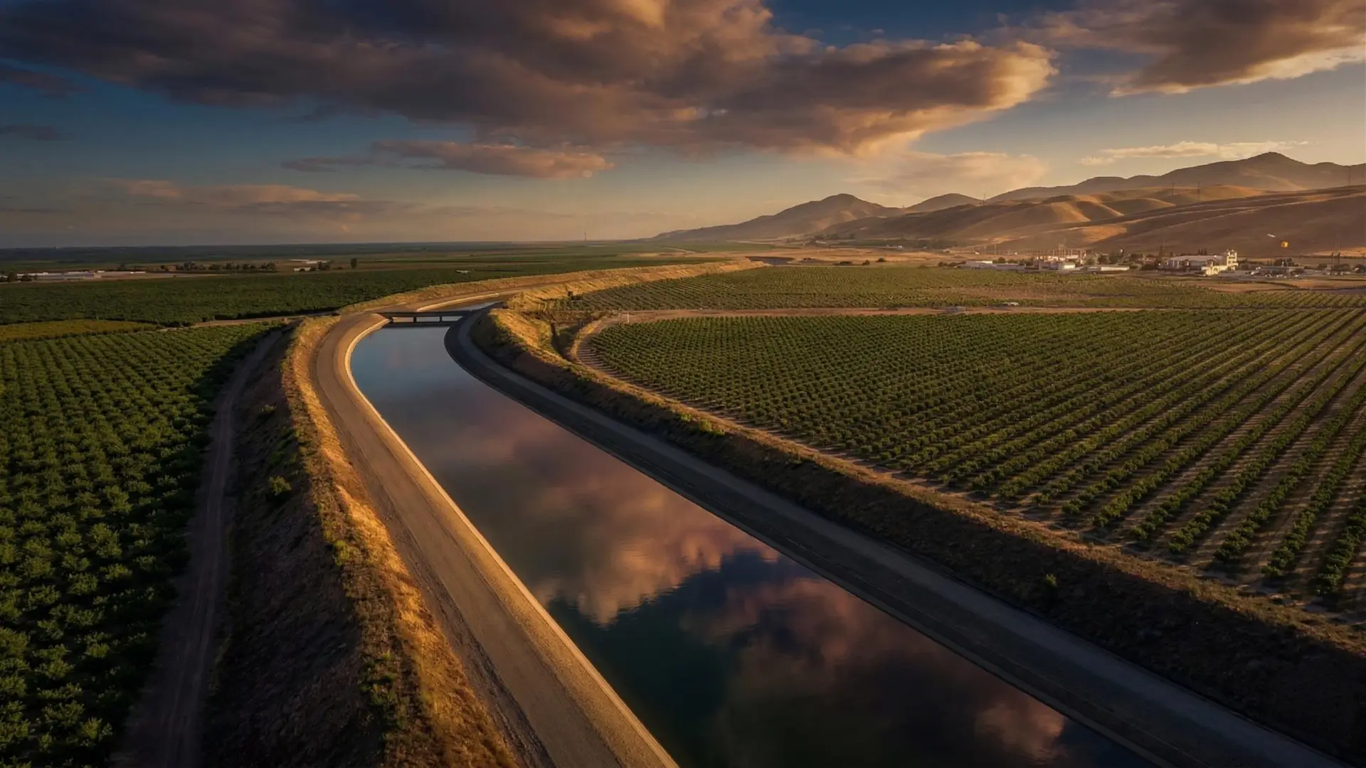Irrigation canal curving through Central Valley farmland with foothills under dramatic clouds.