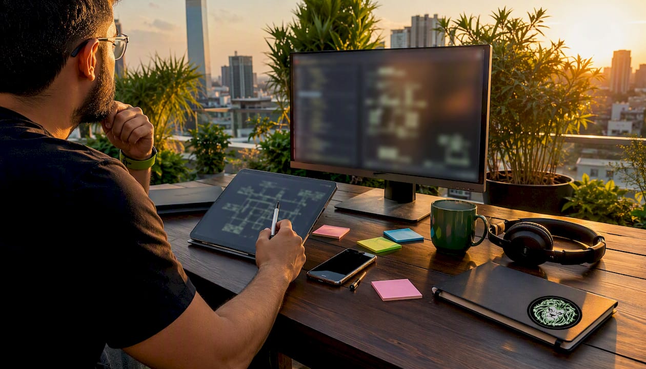 Tech workspace with devices for evaluating Web3 studios