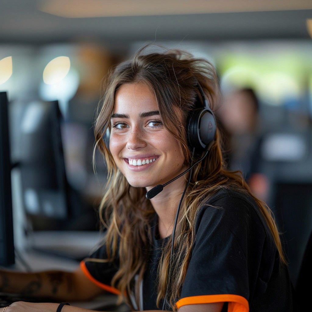 A girl early 20's with brown wavy hair and brown eyes. She is smiling at the camera. She is wearing a headset and is sitting behind a desk. She wears a black tshirt with orange stripes.