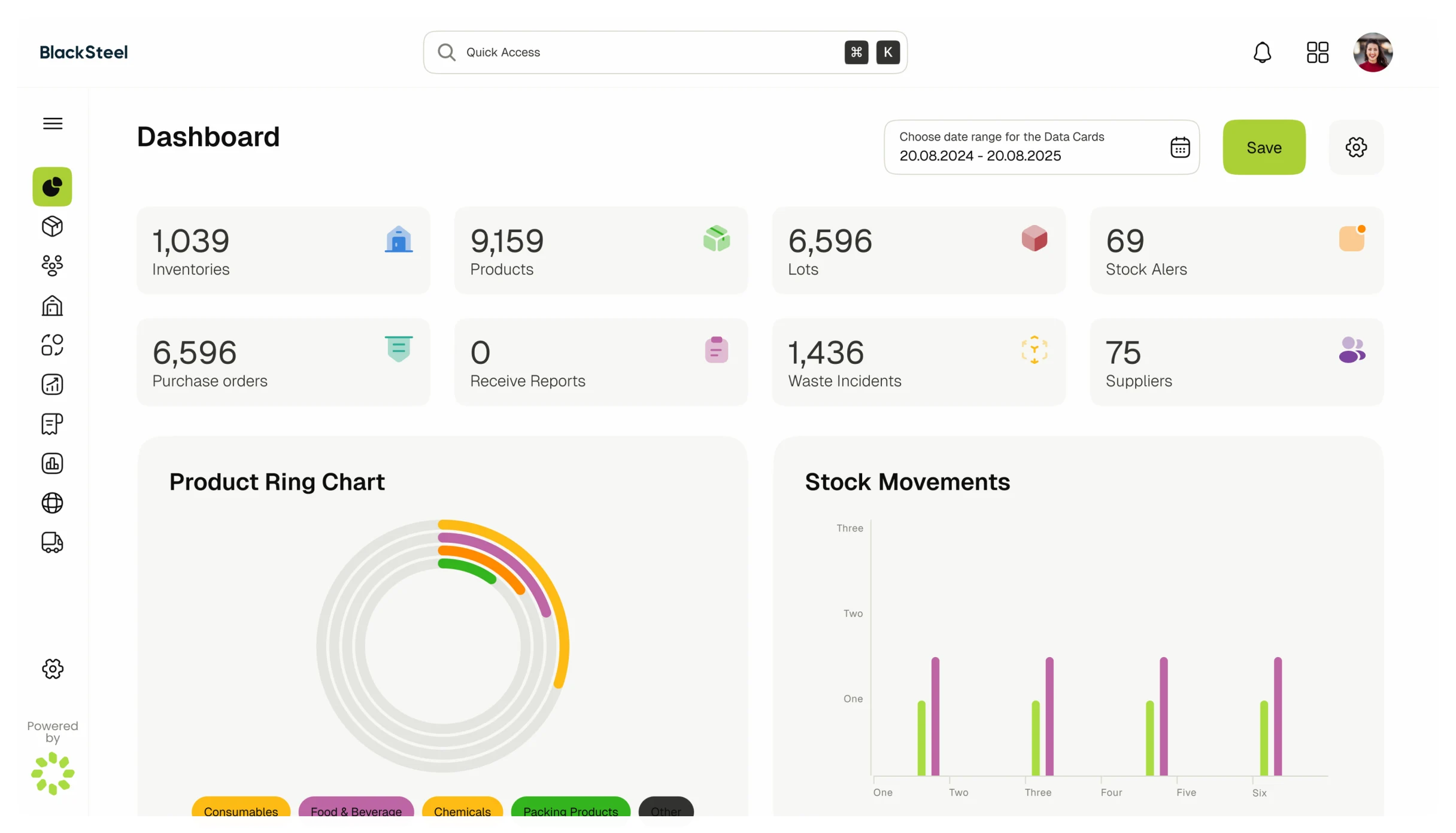 OneAvant dashboard showing key stats for inventories, products, orders, and suppliers, with a product ring chart and stock movement bar chart in a clean white interface.