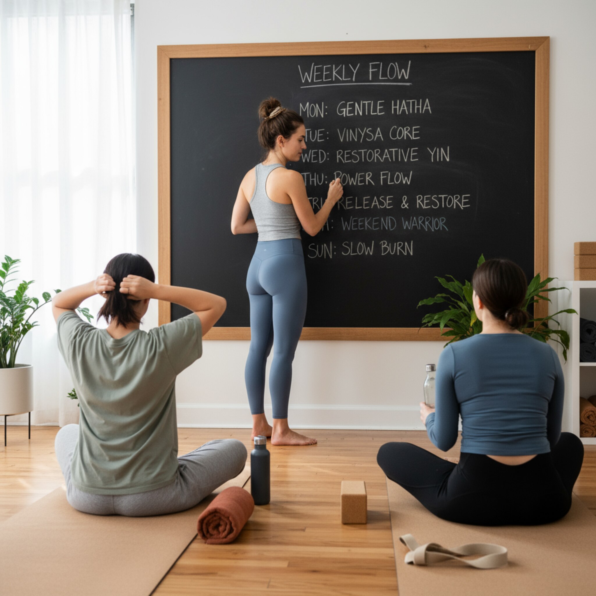 Trainerin schreibt den Wochenplan auf eine Tafel im Studio, Teilnehmer schauen zu, freundliche Atmosphäre, realistisches Foto