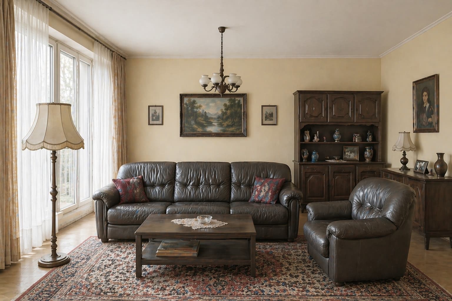 A cozy living room featuring vintage-style décor includes a dark leather sofa and armchair set, a wooden coffee table on a patterned rug, a classic floor lamp, and an ornate wooden cabinet against a cream-colored wall adorned with framed artwork.