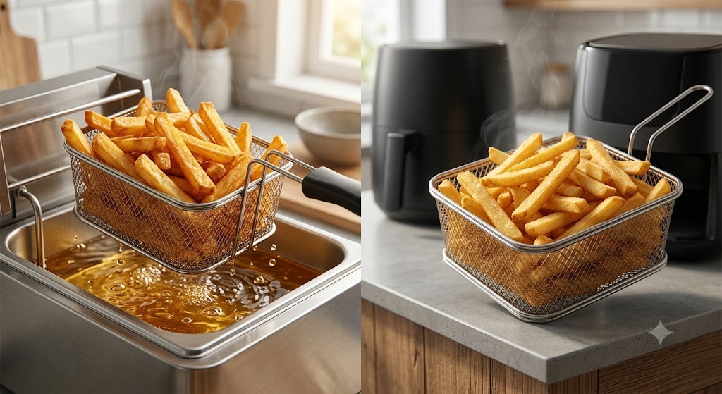 A high-resolution side-by-side comparison of French fries prepared in a deep fryer (left) with a basket lifting from the oil, and an air fryer (right) with the same fries. The image is designed as a clickable hero graphic for an article comparing taste, texture, and health benefits.