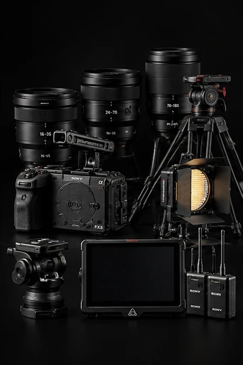 Commercial Kit: Sony FX3, three lenses, tripod head, monitor, light and wireless audio