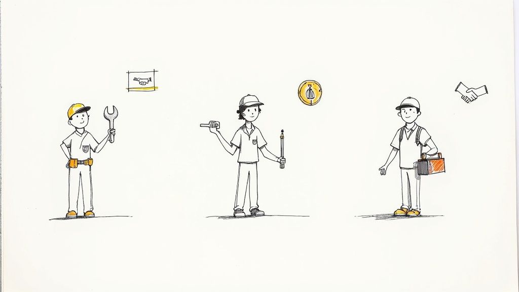Three illustrated workers in hard hats holding tools and toolbox for property maintenance services