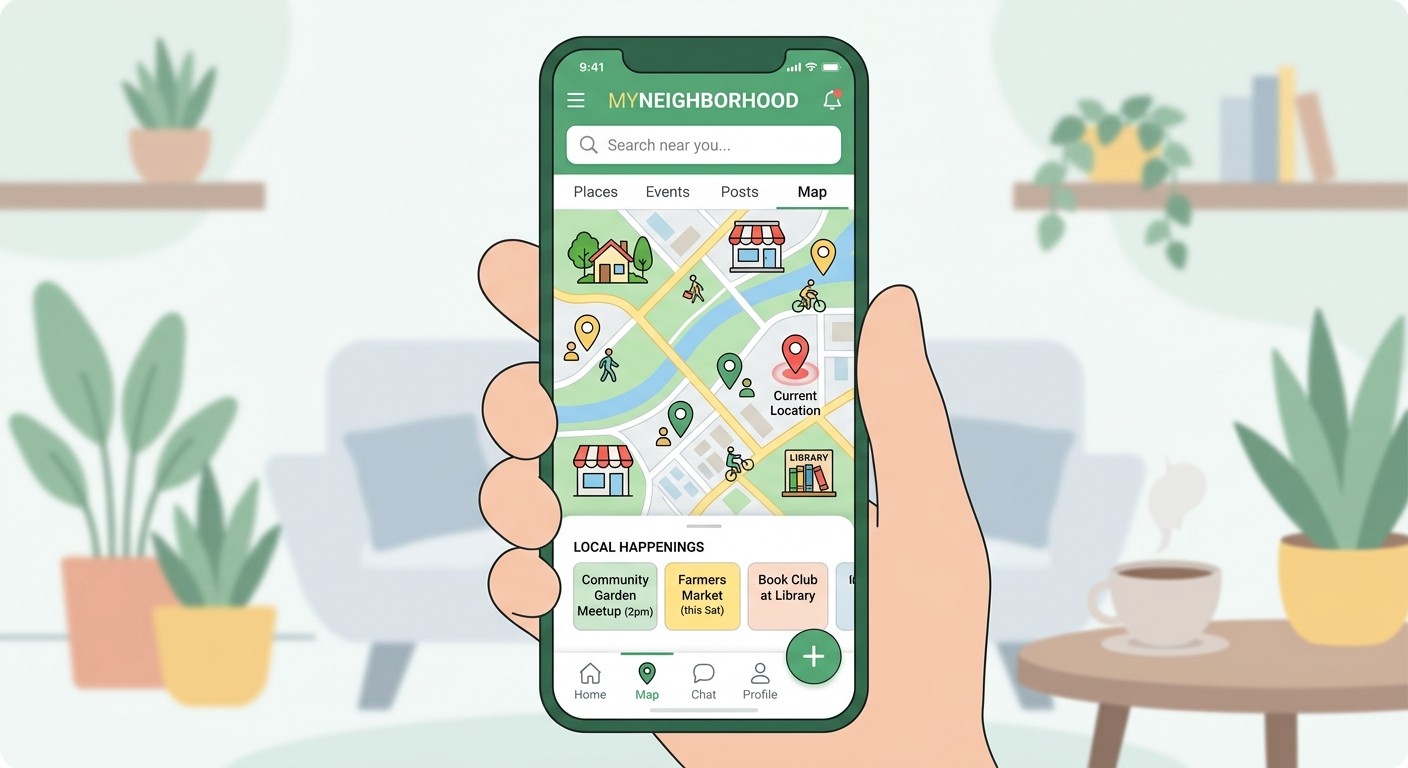 Hyperlocal community app illustration with neighborhood map and pins