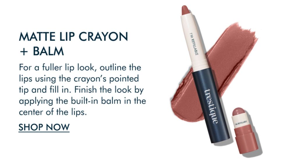 Trestique Matte Lip Crayon + Balm product feature showcasing benefits like fuller lip look and easy application with a 'Shop Now' button