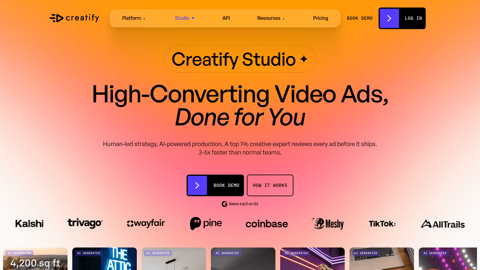 Creatify Studio landing page promoting AI-generated high-converting video ad production services for brands.