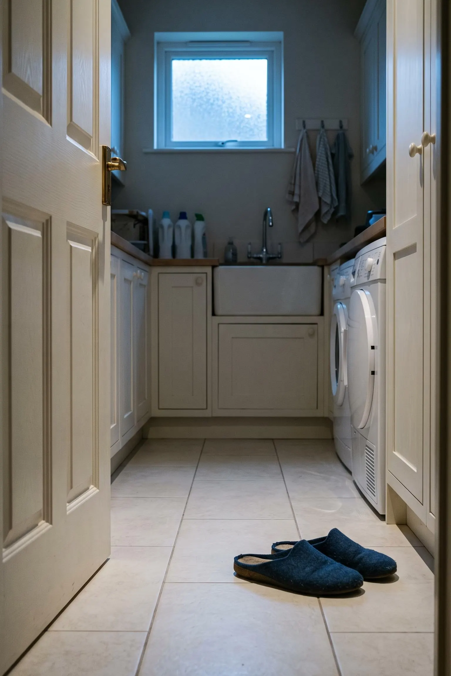 A utility room doorway in the small hours, cool blue light and slippers left by the door