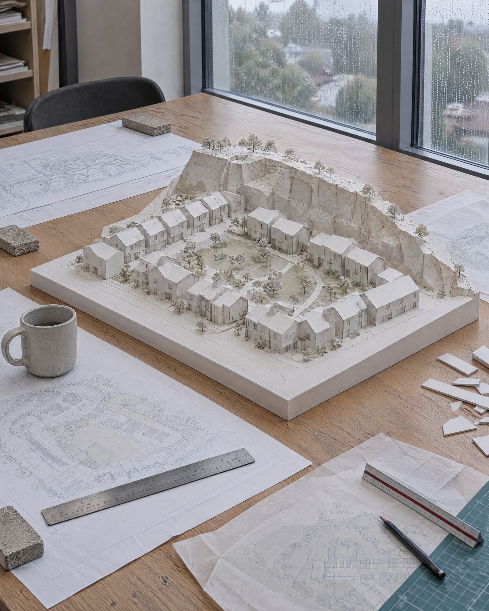 The card model of the Quarry Lane scheme from above, the quarry face wrapping the back of the site