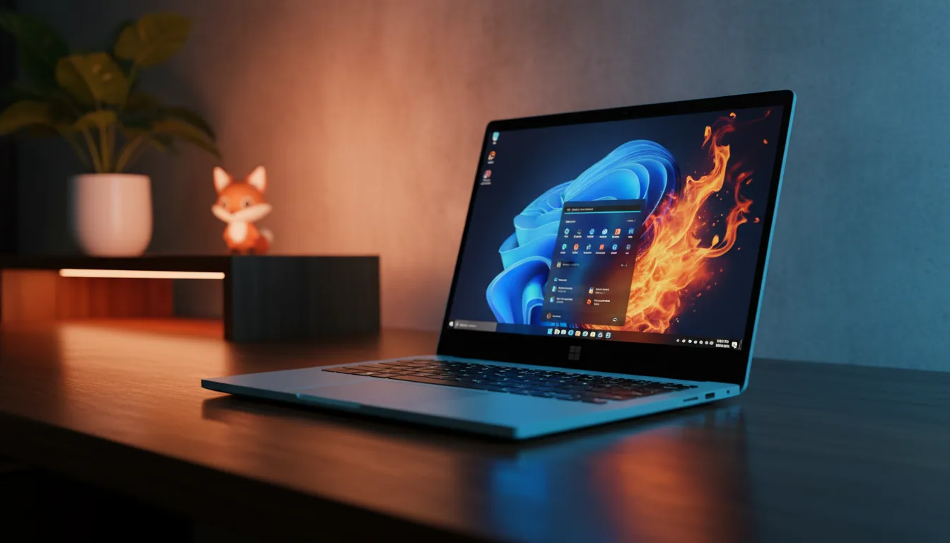 DSLR photograph of a light blue Microsoft Surface Laptop on a dark wood desk, angled view. The scene is illuminated by cinematic contrast lighting, featuring a cool blue glow on the laptop and a warm orange light on the wall behind it. A shallow depth of field creates a soft bokeh background with a lush green plant, a wooden monitor shelf with an under-glow LED strip, and a small cartoon figurine. The laptop screen is on, displaying a Windows interface with a vibrant blue and orange abstract wallpaper and UI elements. High detail, sharp focus on the matte metallic texture of the laptop and keyboard.
