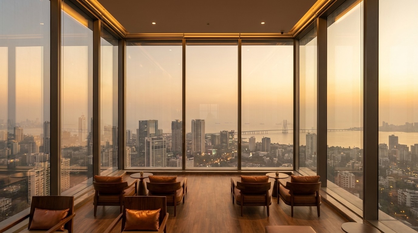 Rooftop sky lounge at Prestige Vaishnaoi Rainbow Waters, 36-storey residential tower in Gachibowli, with HITEC City skyline 