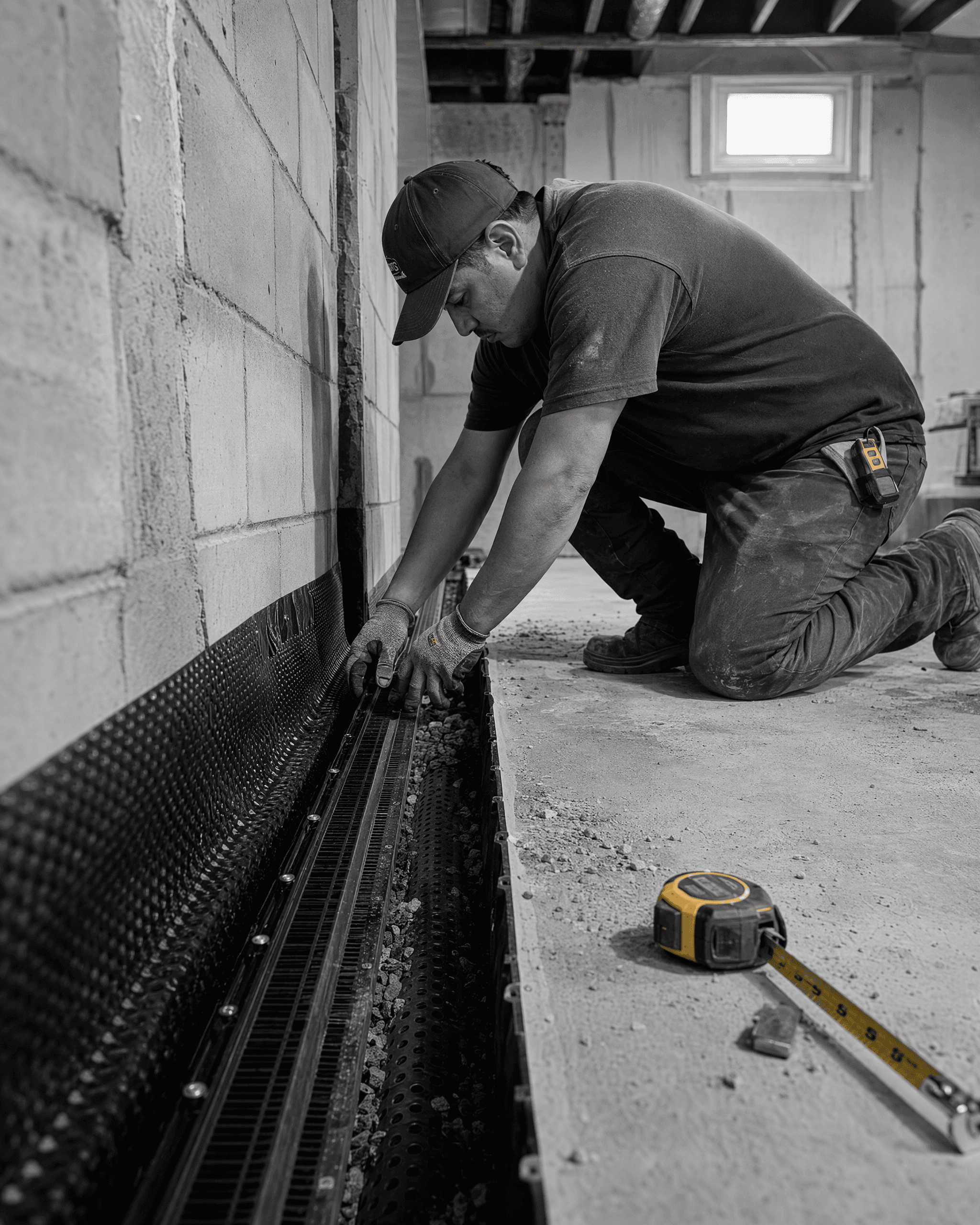 Worker installs basement perimeter drainage at a concrete-block wall-floor junction with dimpled moisture-protection membrane.