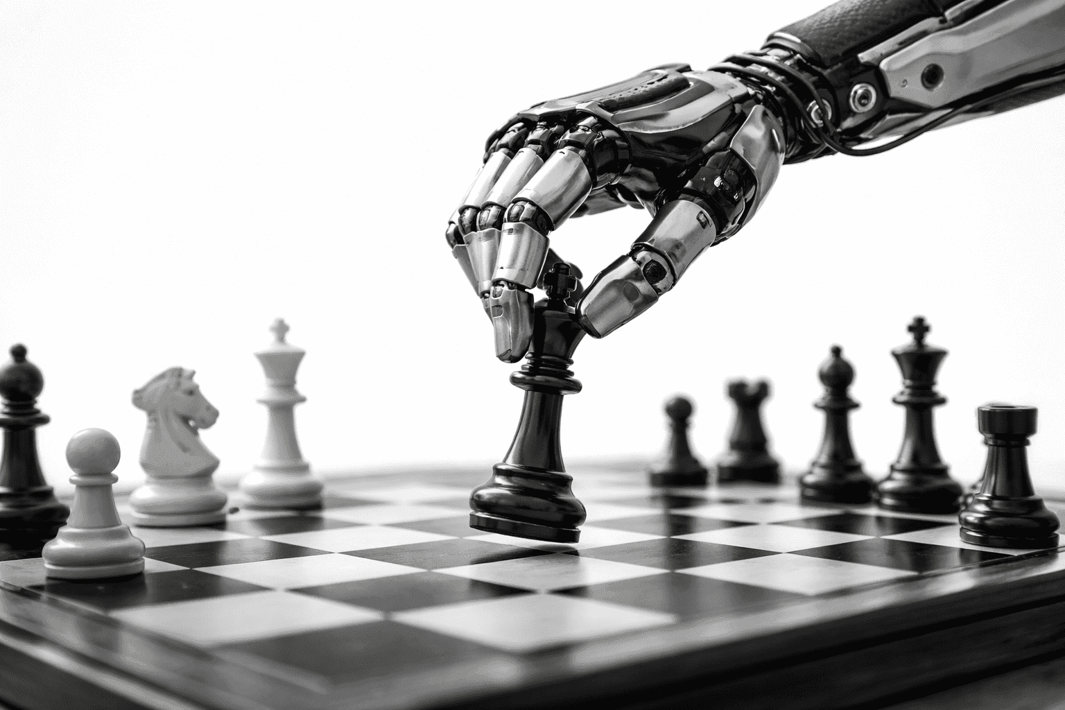 Arte digital de uma mão robótica jogando xadrez, representando as estratégias para ser citado por uma inteligência artificial como ChatGPT.