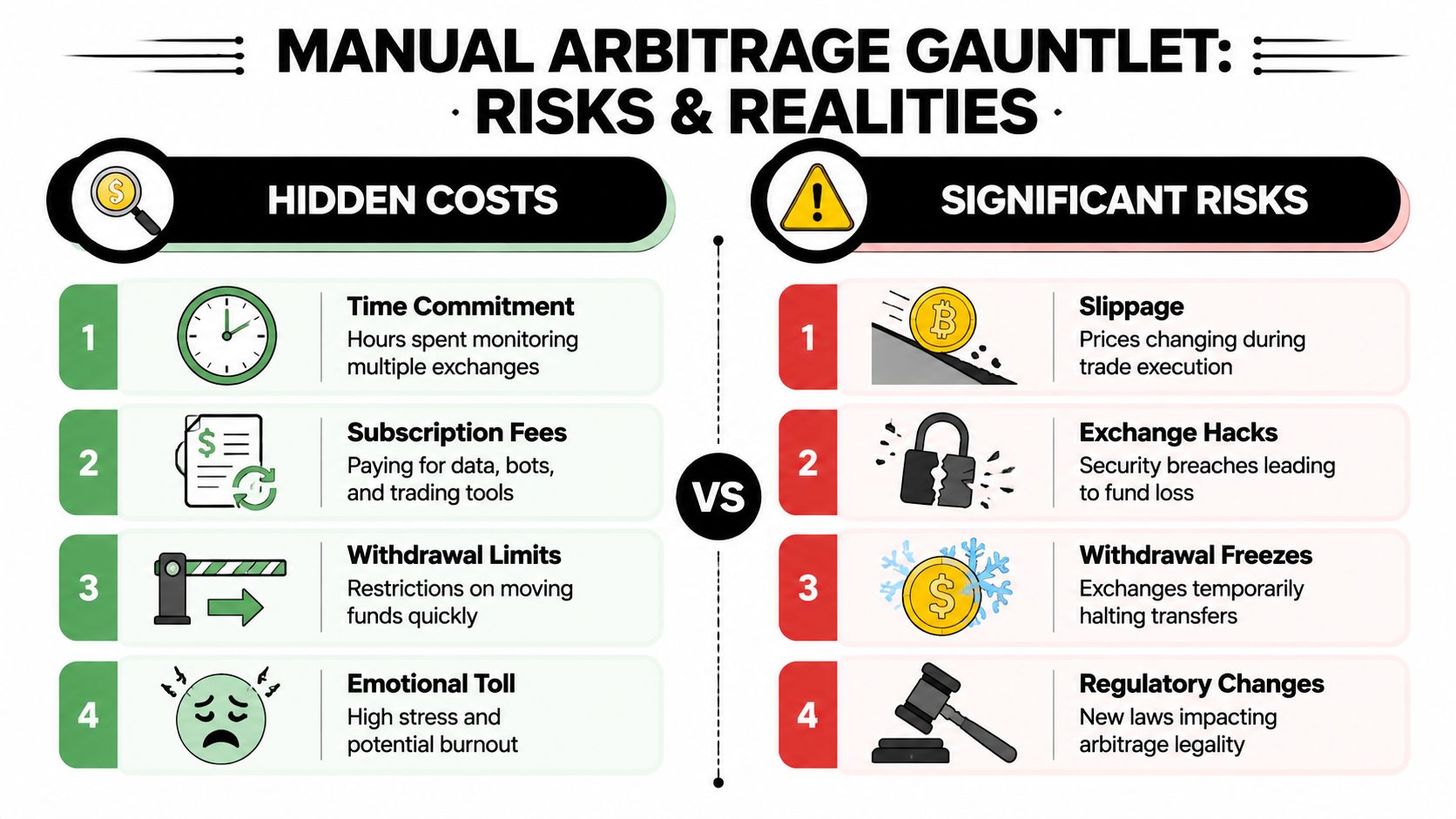 An infographic titled Manual Arbitrage Gauntlet detailing the hidden costs and significant risks of crypto trading.