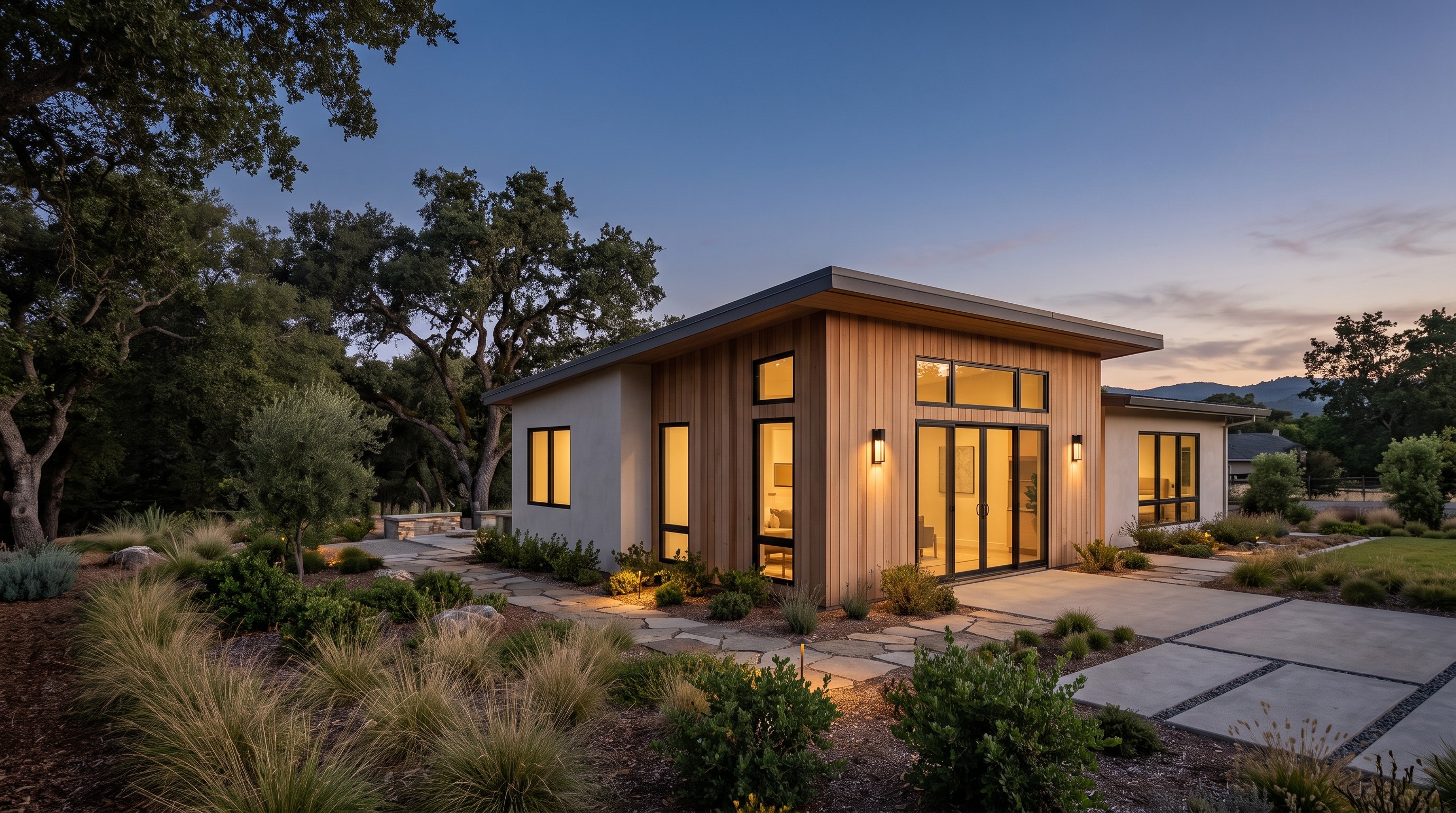 Conceptual guest house ADU in California with a private arrival path and indoor-outdoor living.