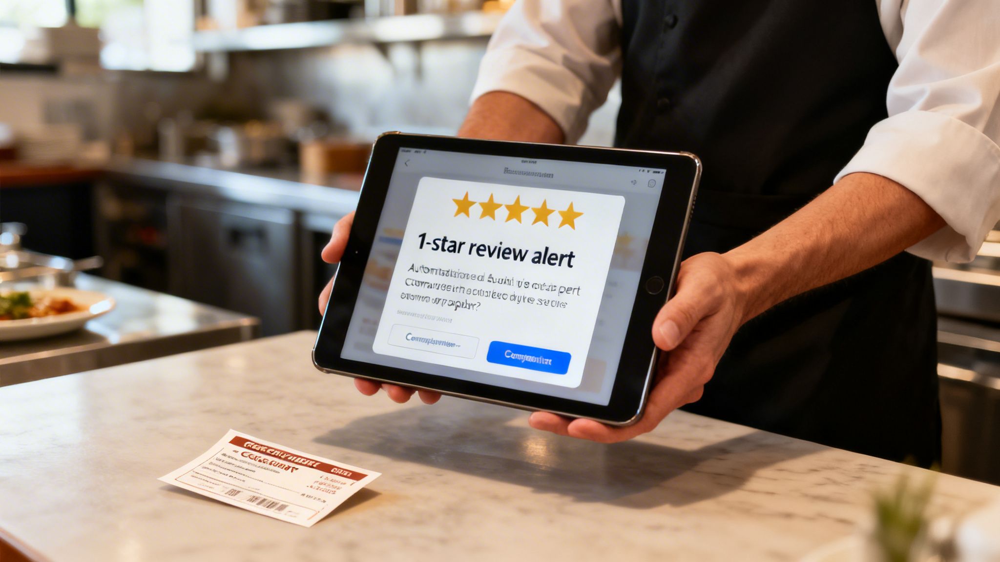 Restaurant staff holds a tablet displaying a 1-star customer review alert in a kitchen setting.