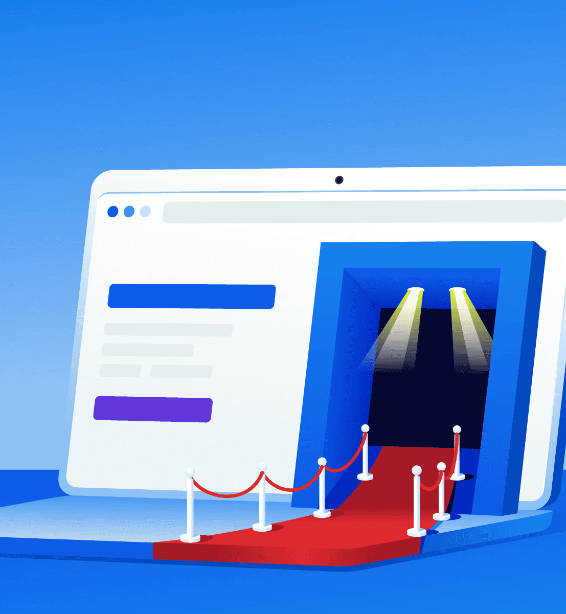 Illustration of a website on a laptop with a red carpet entry making a strong first impression