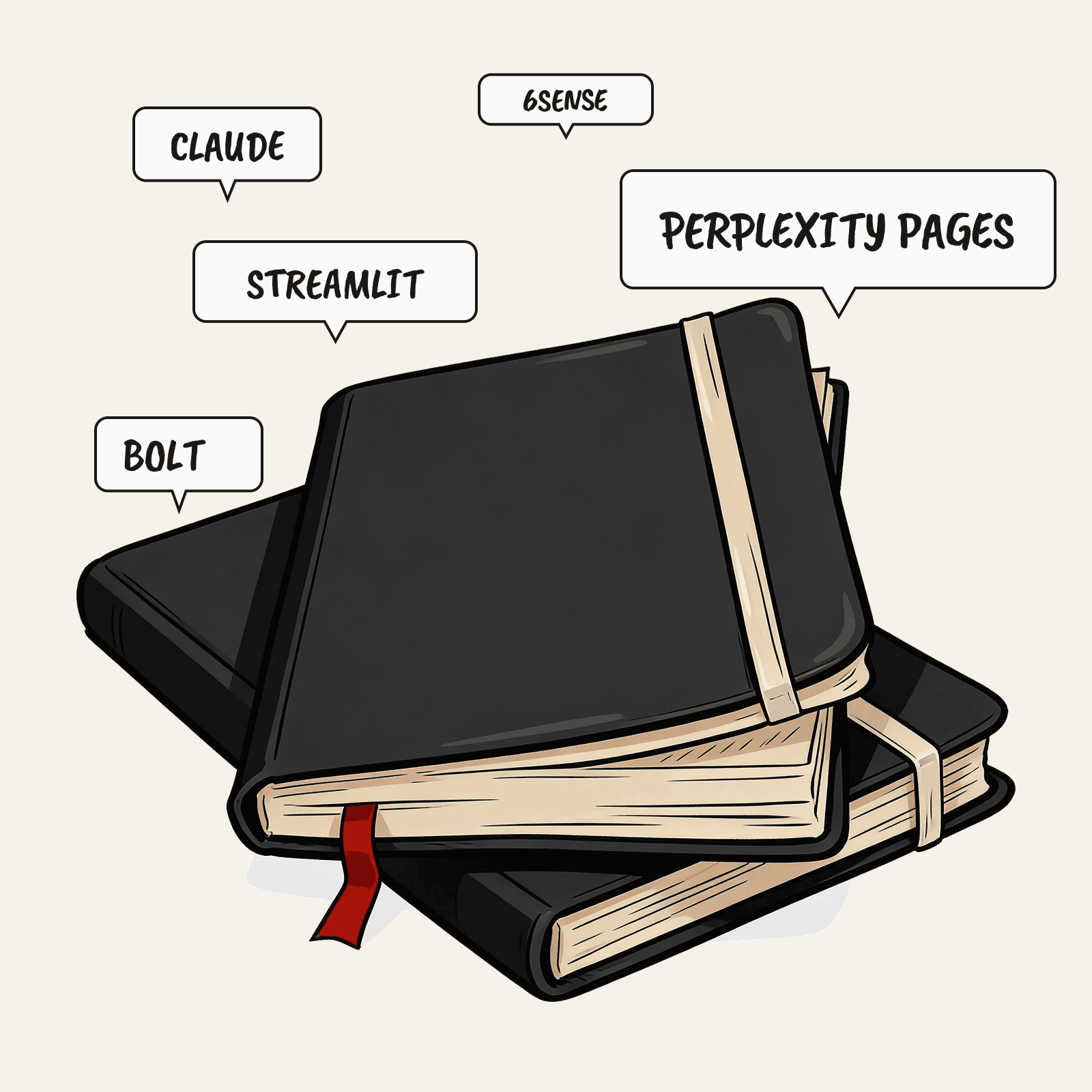 Illustration of stacked notebooks with speech bubbles