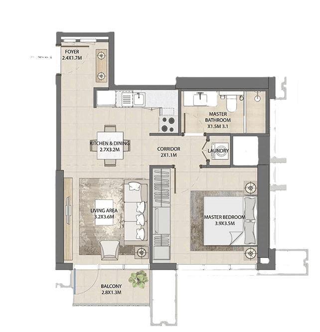 Detailed 1-bedroom floor plan for Burj Royale featuring a balcony, modern kitchen, and spacious living area.