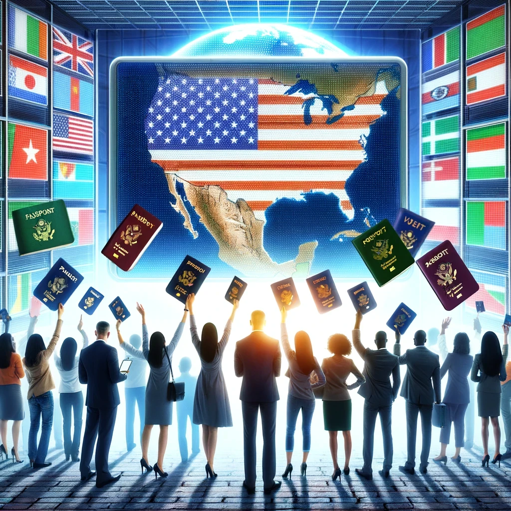 Excited individuals from various countries holding their passports, standing in front of a digital globe highlighting the United States, symbolizing the diverse and global applicants of the DV Visa Lottery.