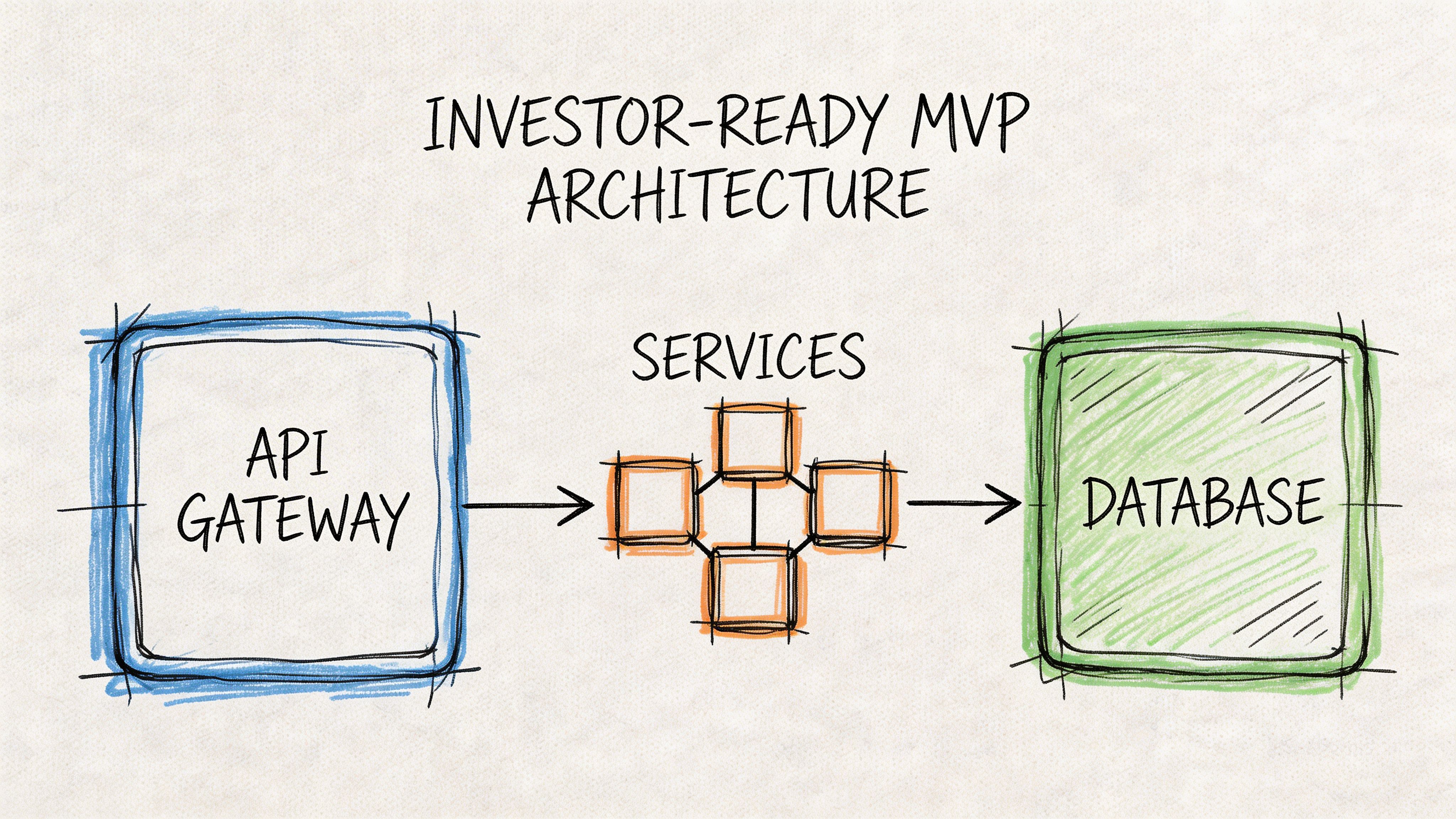 A simple sketch of an investor-ready MVP software architecture showing API gateway, services, and a database.