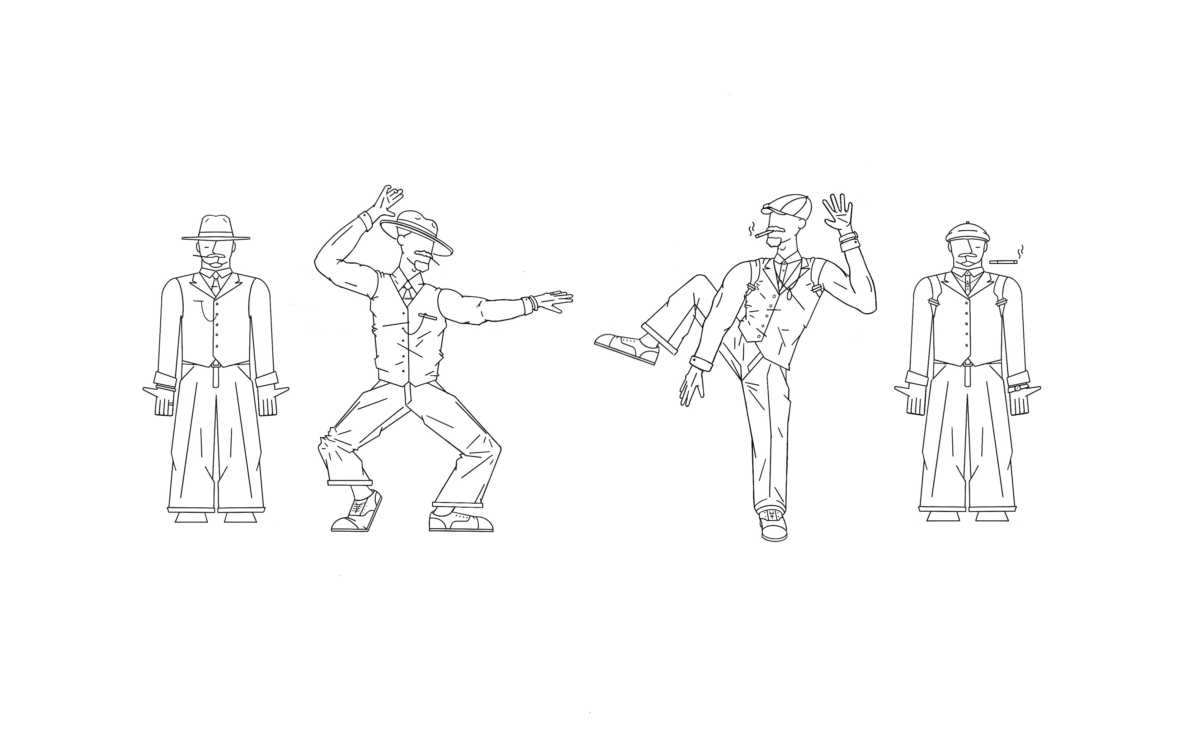 Line work showing multiple illustration styles for the same characters.