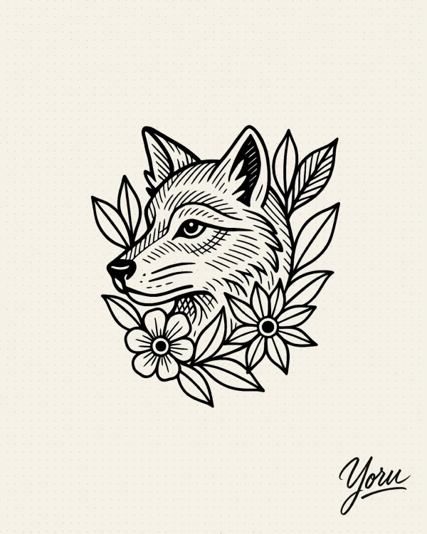 Diseño de tatuaje de la cabeza de un zorro de perfil, rodeado de flores y hojas, en estilo de grabado.