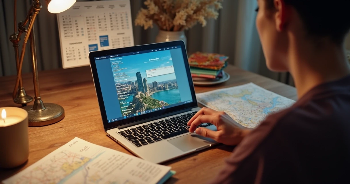 Pessoa olhando mapas digitais e reservas de hotel em computador 