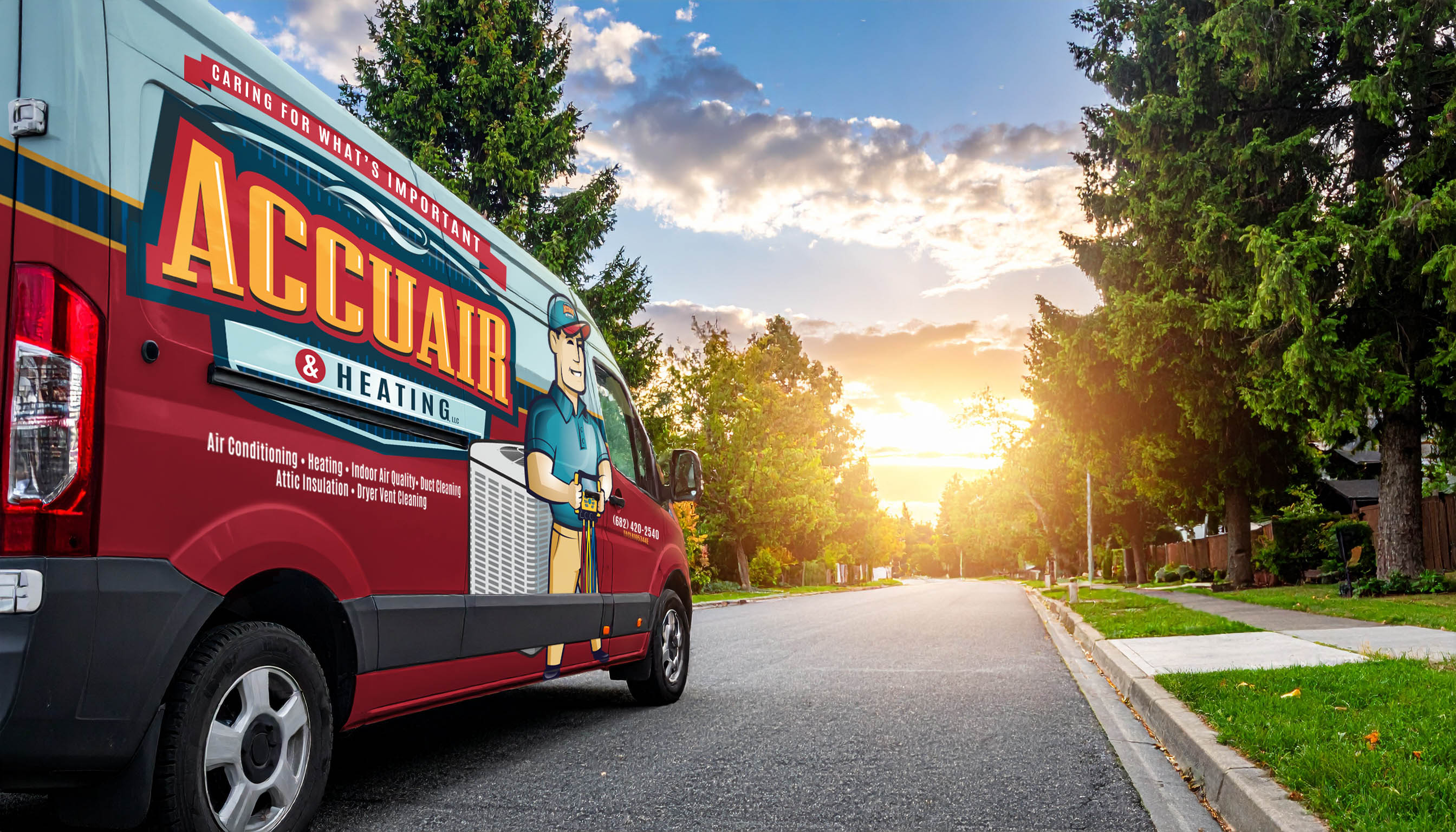 Branded HVAC van driving through neighbourhood