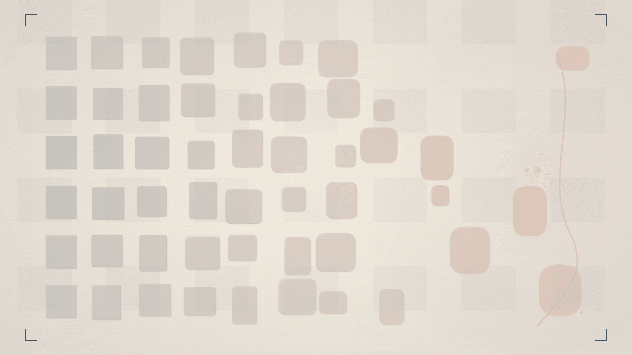 Abstract geometric composition on warm cream of overlapping translucent rectangular panels in navy and slate with a single organic curved aperture cut through the layered forms, accented by terracotta and gold marks, evoking compliance layers yielding to a human passage — for a blog about healthcare video production.