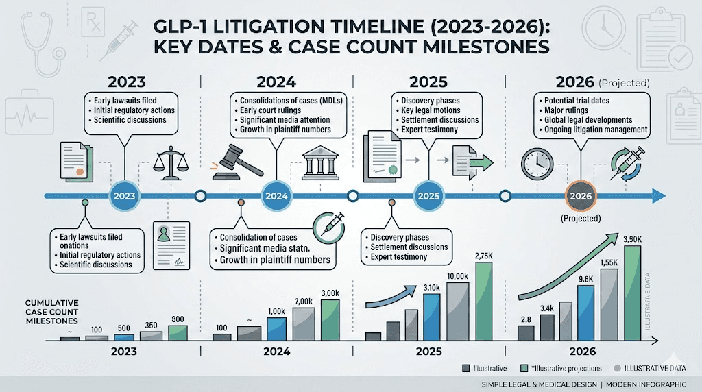 GLP-1 lawsuit timeline from first filing to current case count