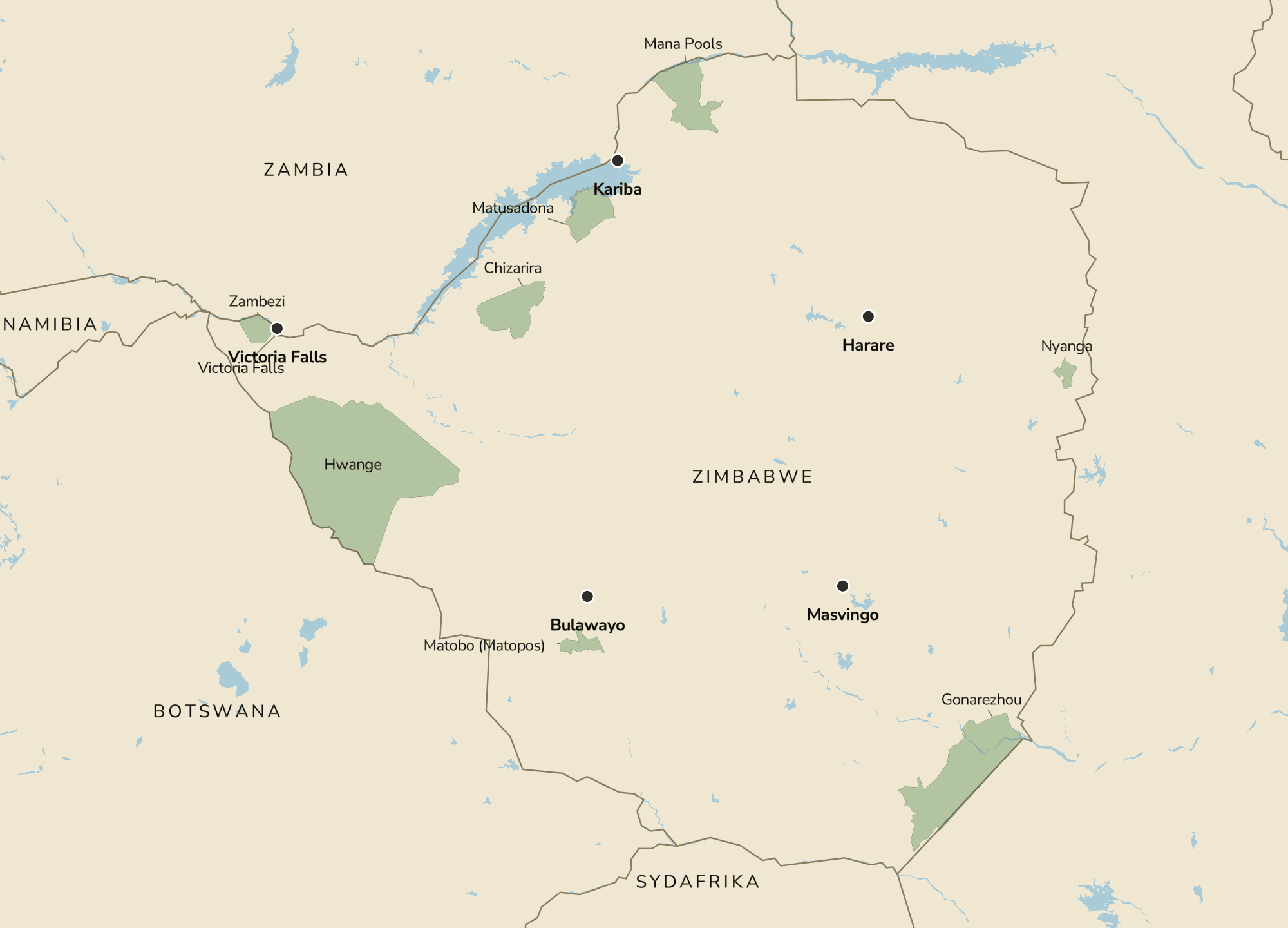 Kort over Zimbabwe med Safarikompagniets rejseområder, herunder Victoria Falls og Zambezi-floden.