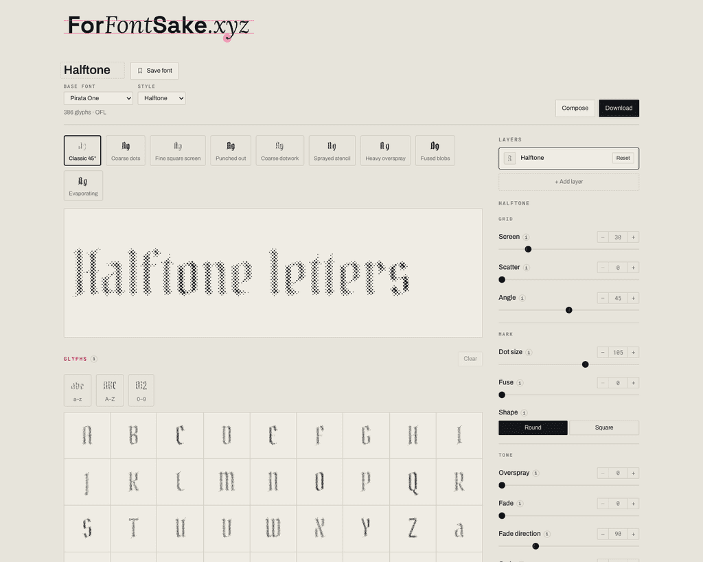 The For Font Sake workbench, Pirata One under a halftone screen