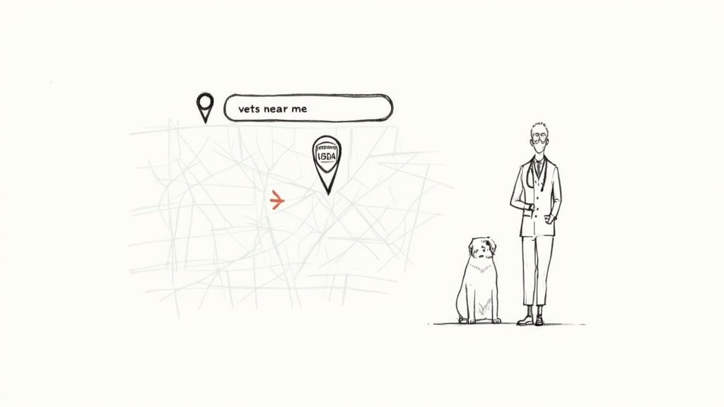 Person with dog searching for nearby veterinary clinic using online map location search