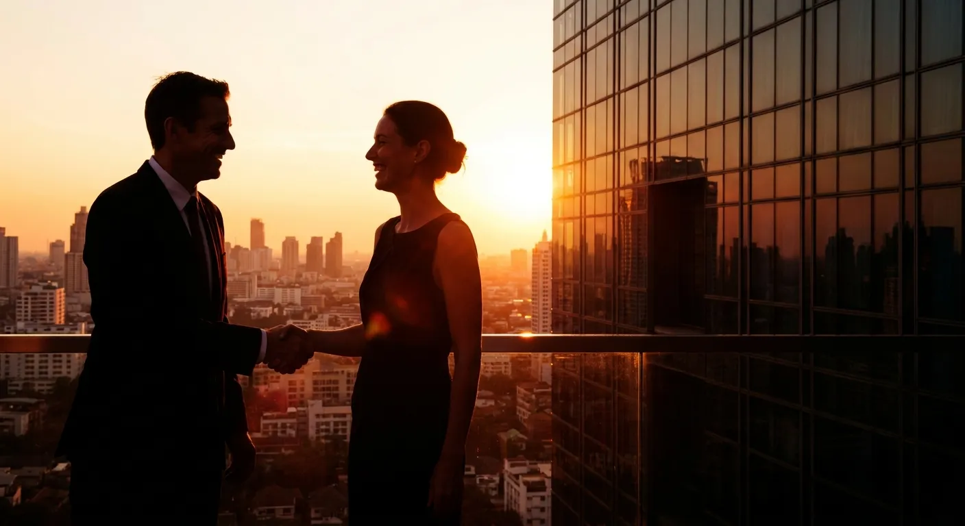 Business handshake at sunset on a rooftop, symbolizing RockN' Socials' digital marketing expertise.