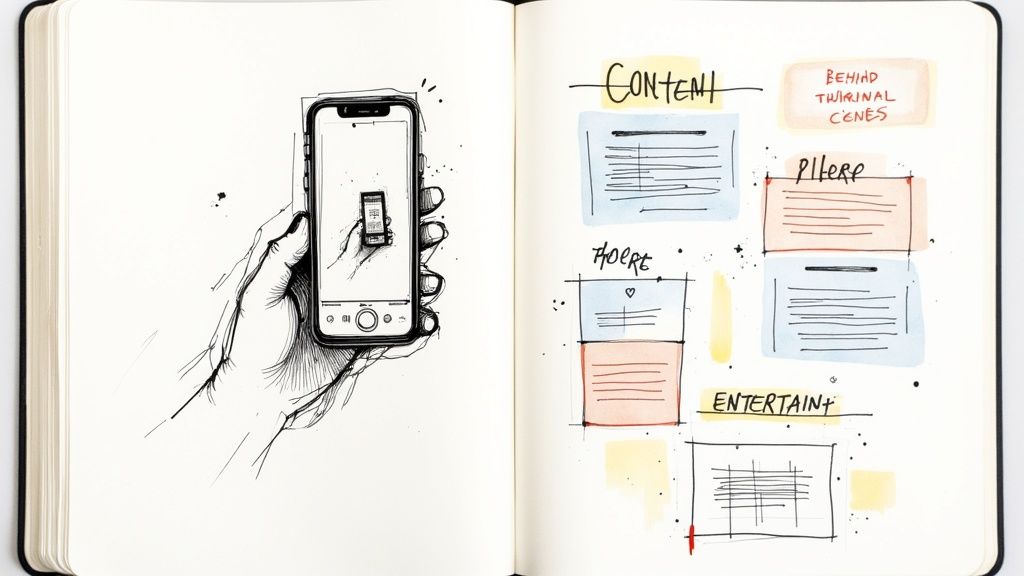 A notebook displays hand-drawn social media content plans and a smartphone sketch, illustrating marketing ideation.