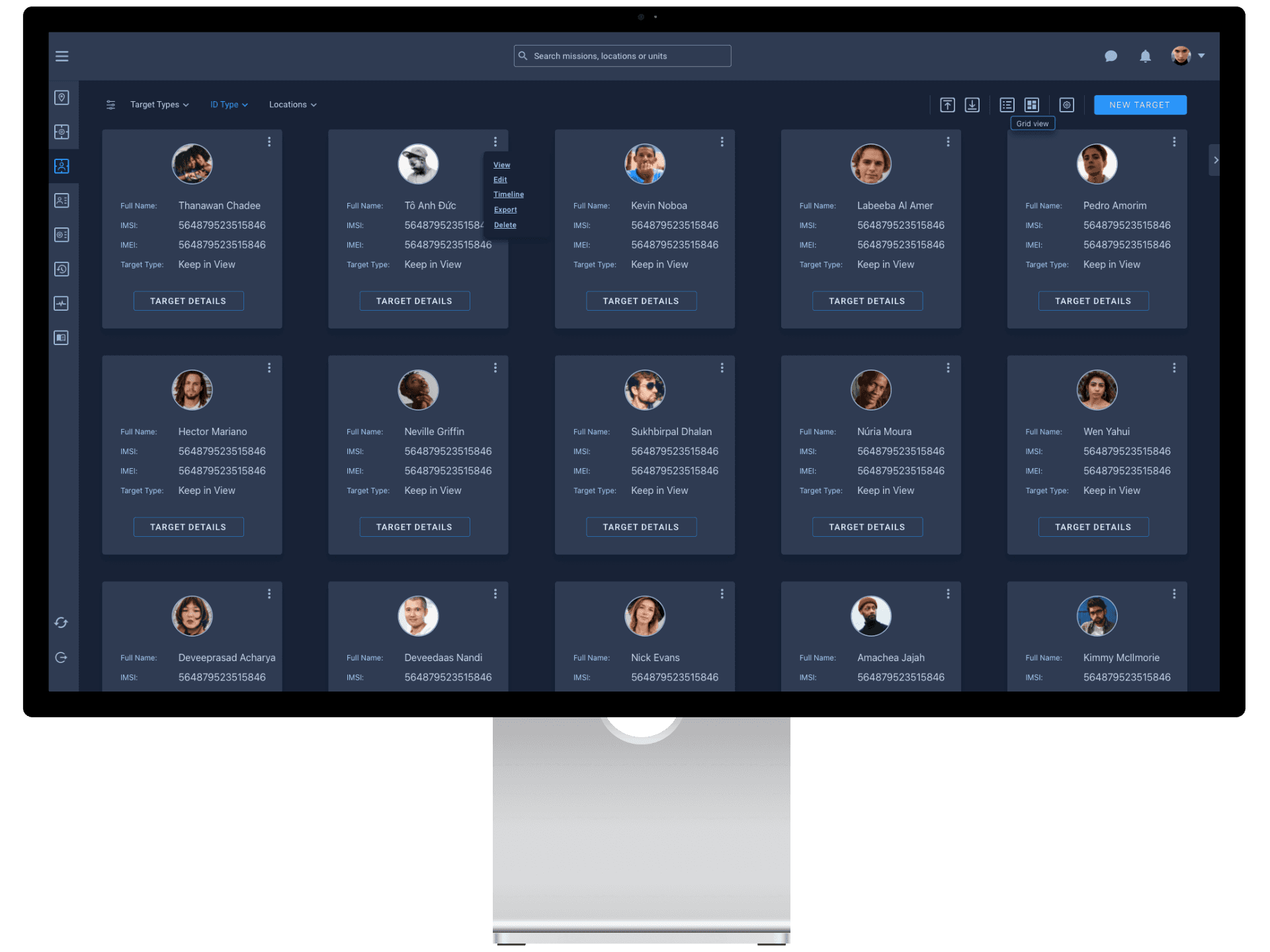 Sygma Security Platform — dark-themed desktop interface showing a grid of person profile cards with target details, MIS numbers, and location filters. Security operations management UX design by Boris Jov.