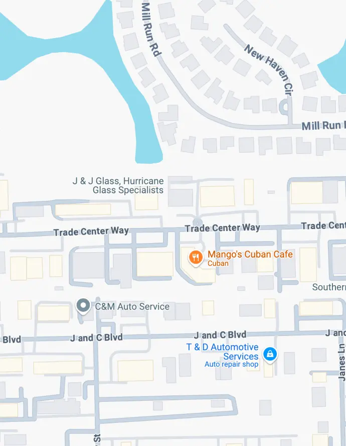 Google Maps view of J&J Glass in Naples, FL, with a red pulsing marker indicating the company’s business location for easy identification.