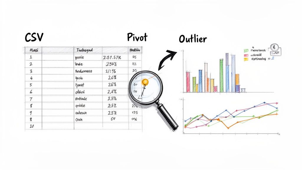 An illustration depicting data analysis workflow from CSV table to pivot, then identifying outliers in bar and line charts.