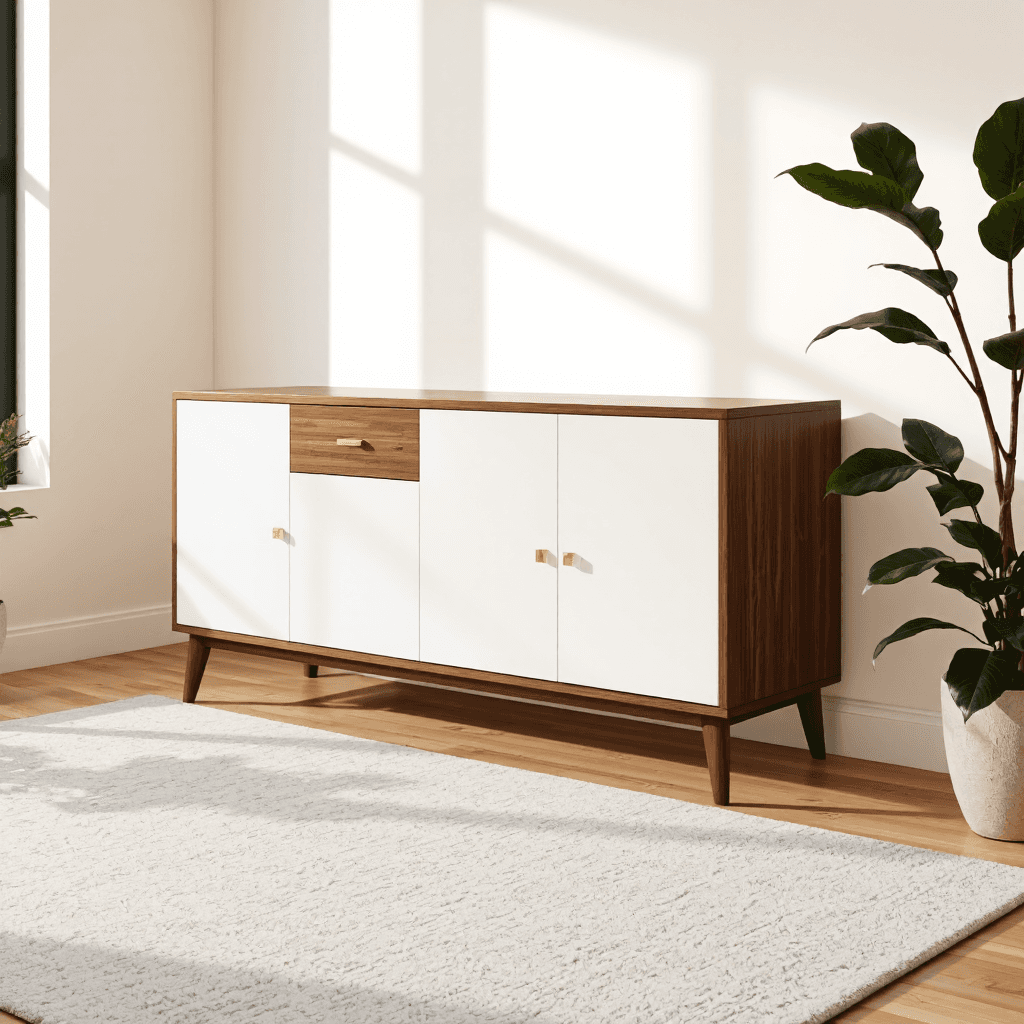 product photography of a wooden sideboard with glossy white doors and gold accents, used for storage and decoration