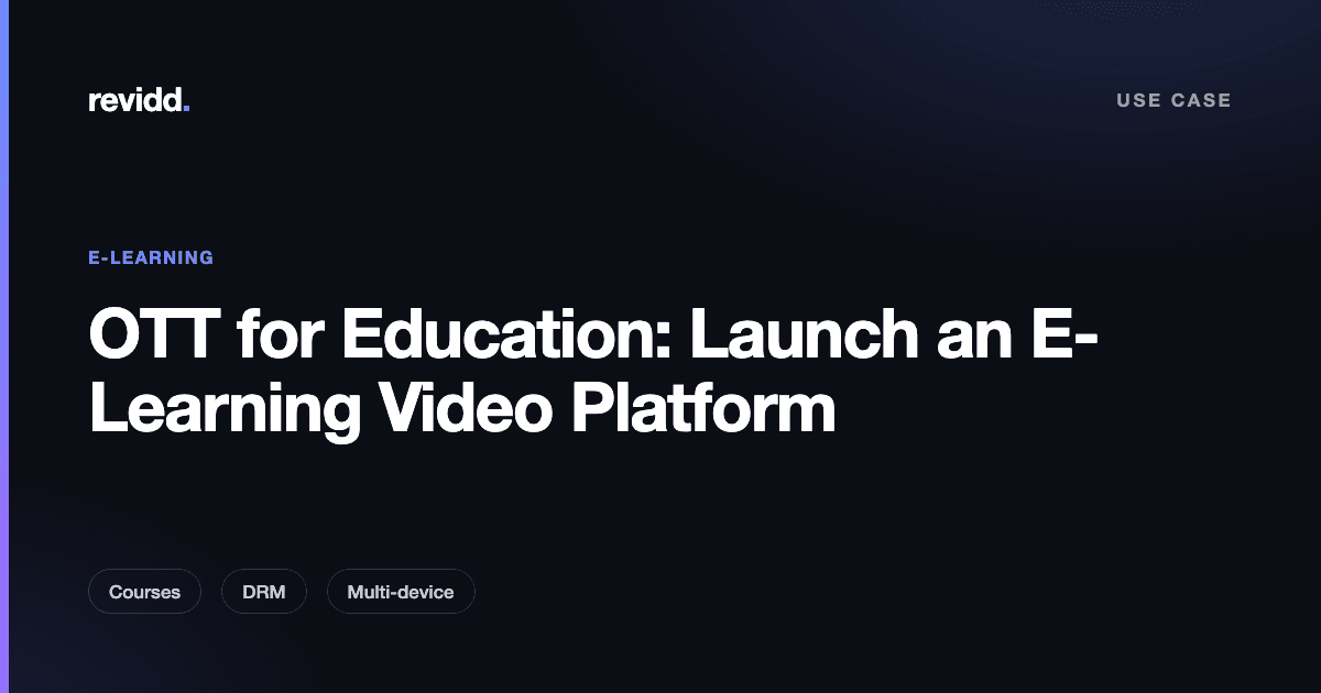 Branded e-learning OTT platform showing organized video courses across phone, tablet, web, and TV