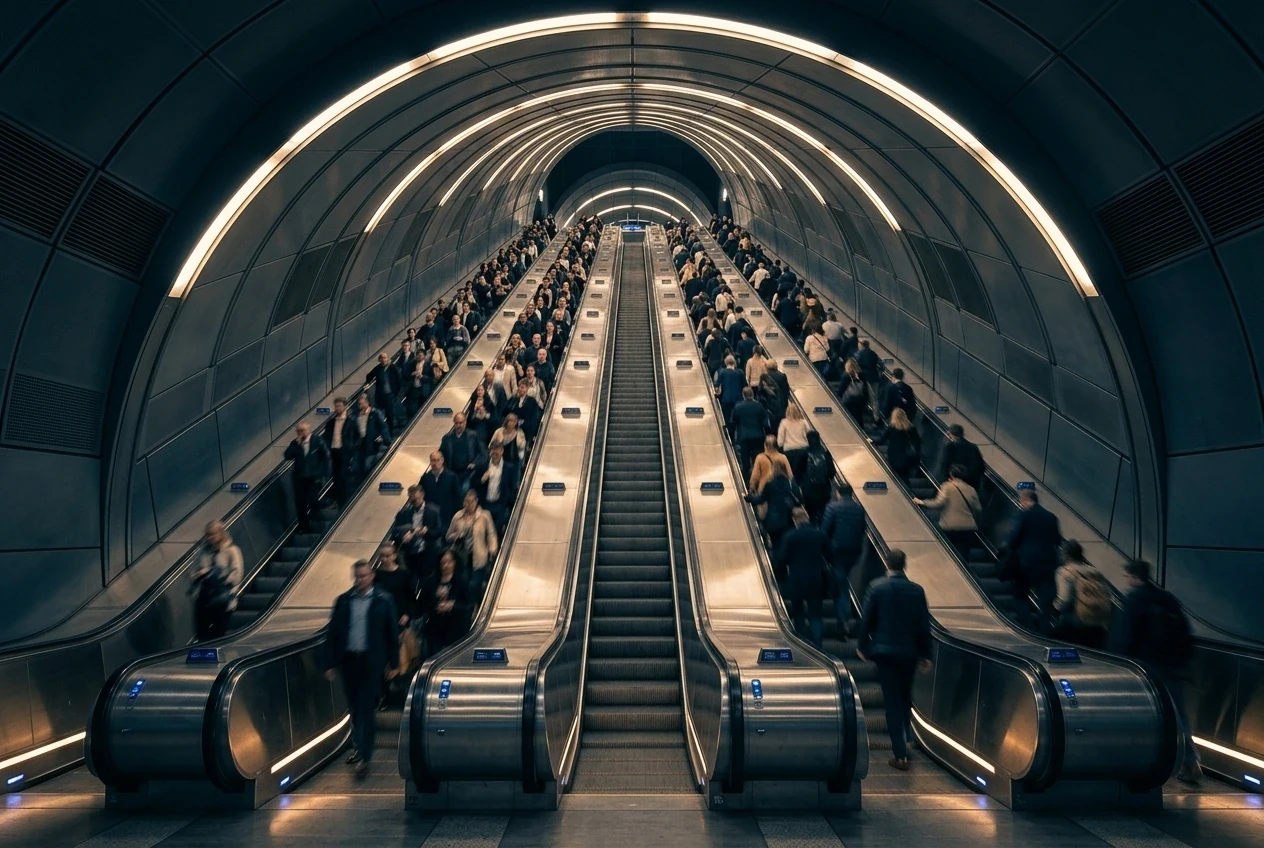 Crowded escalators in a curved, illuminated subway tunnel
