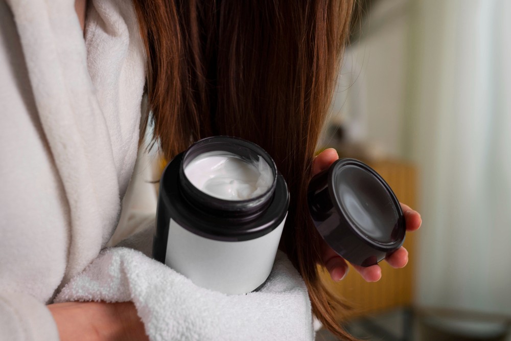 Woman applying haircare products