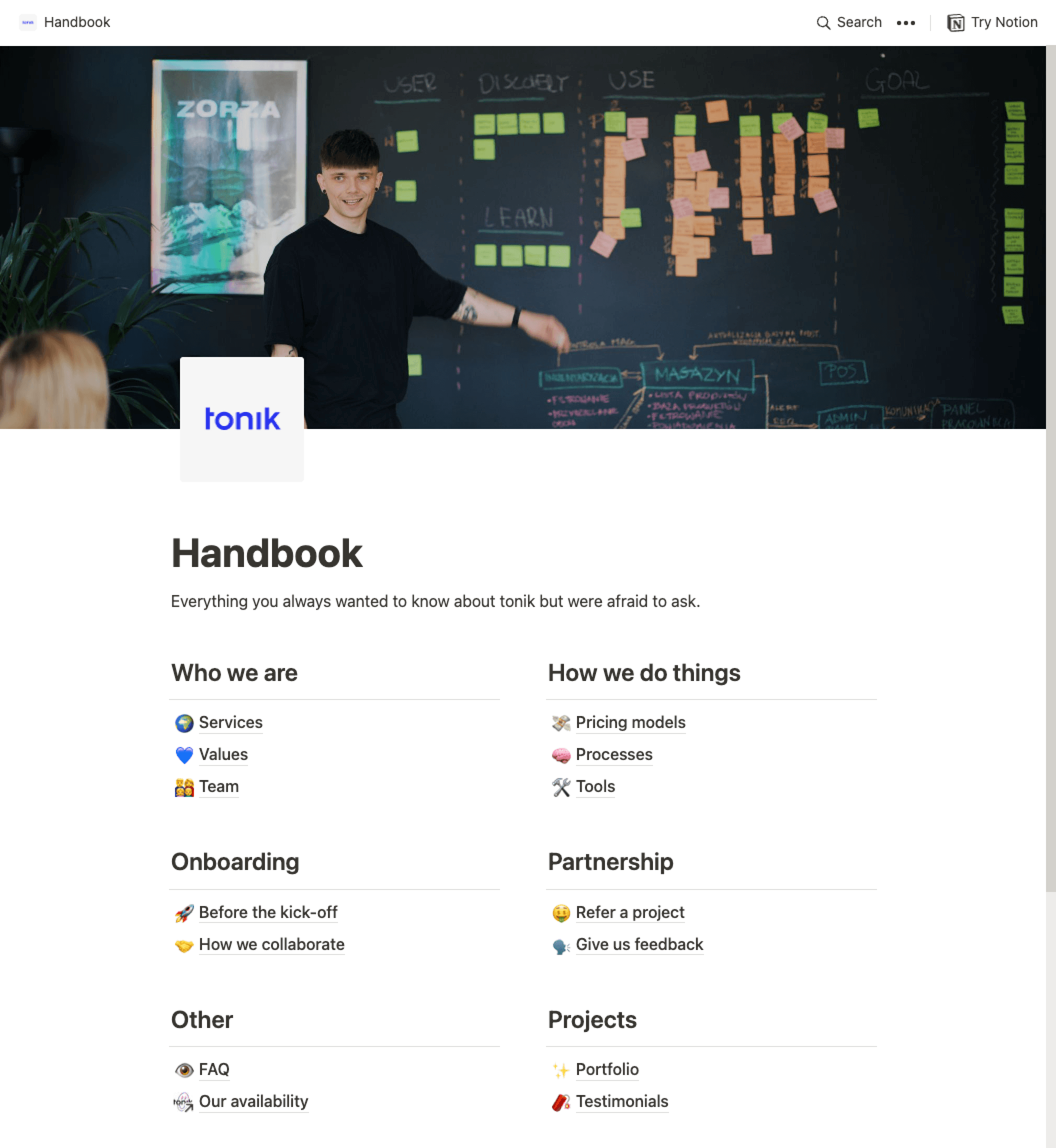 A table of contents of the company handbook in Notion.