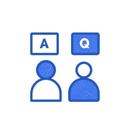 Blue illustration of two people with question and answer speech bubbles representing frequently asked questions.