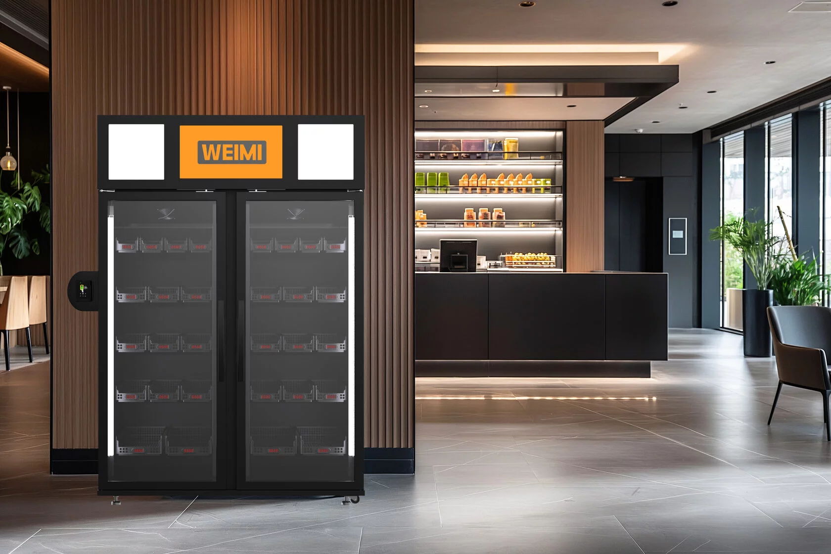 WEIMI viedais ledusskapis viesnīcas vestibilā ar 24/7 piekļuvi dzērieniem un uzkodām