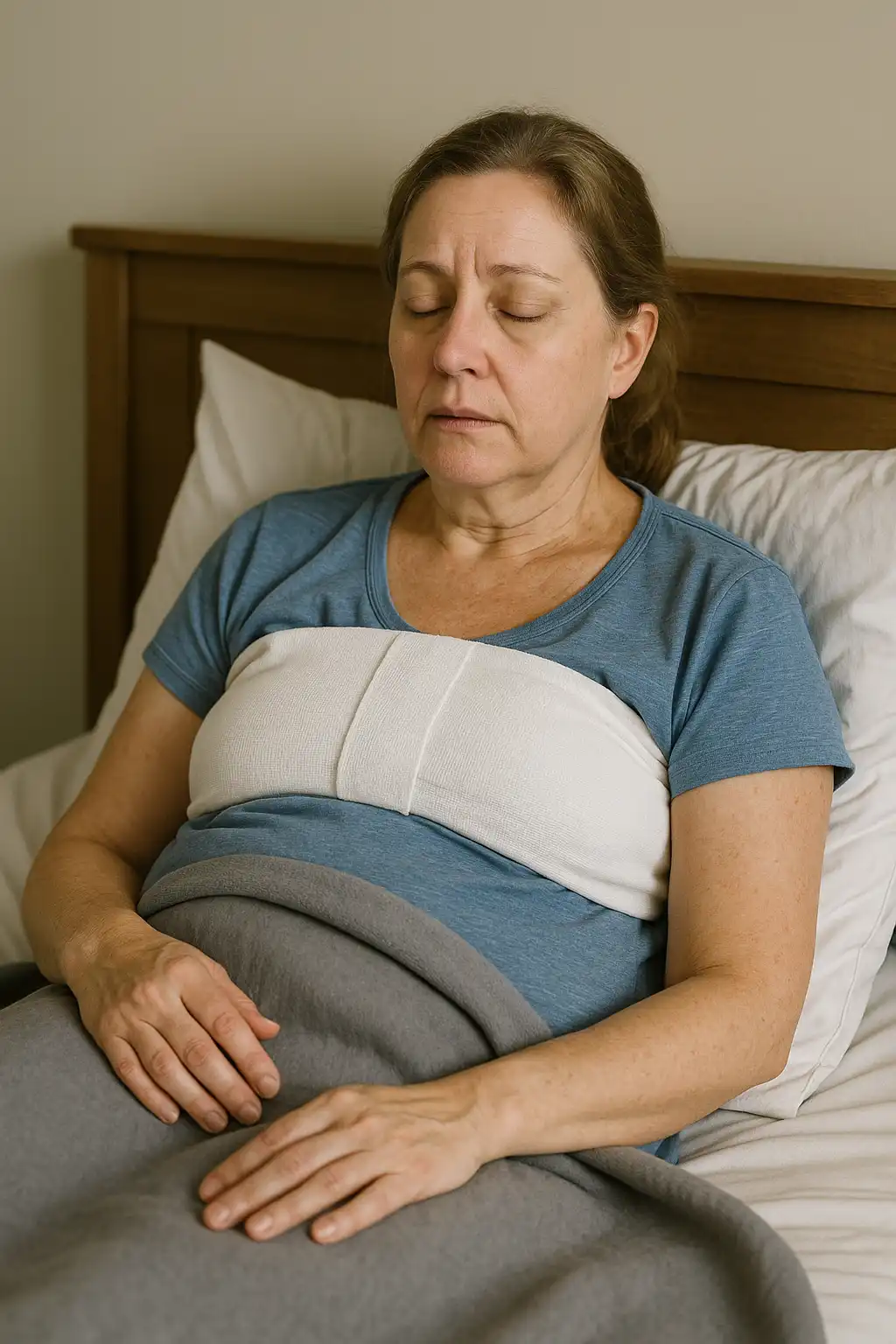 Post-surgery fatigue recovery – woman resting in bed with a chest support bandage, showing exhaustion and the need for guided physiotherapy after major surgery.