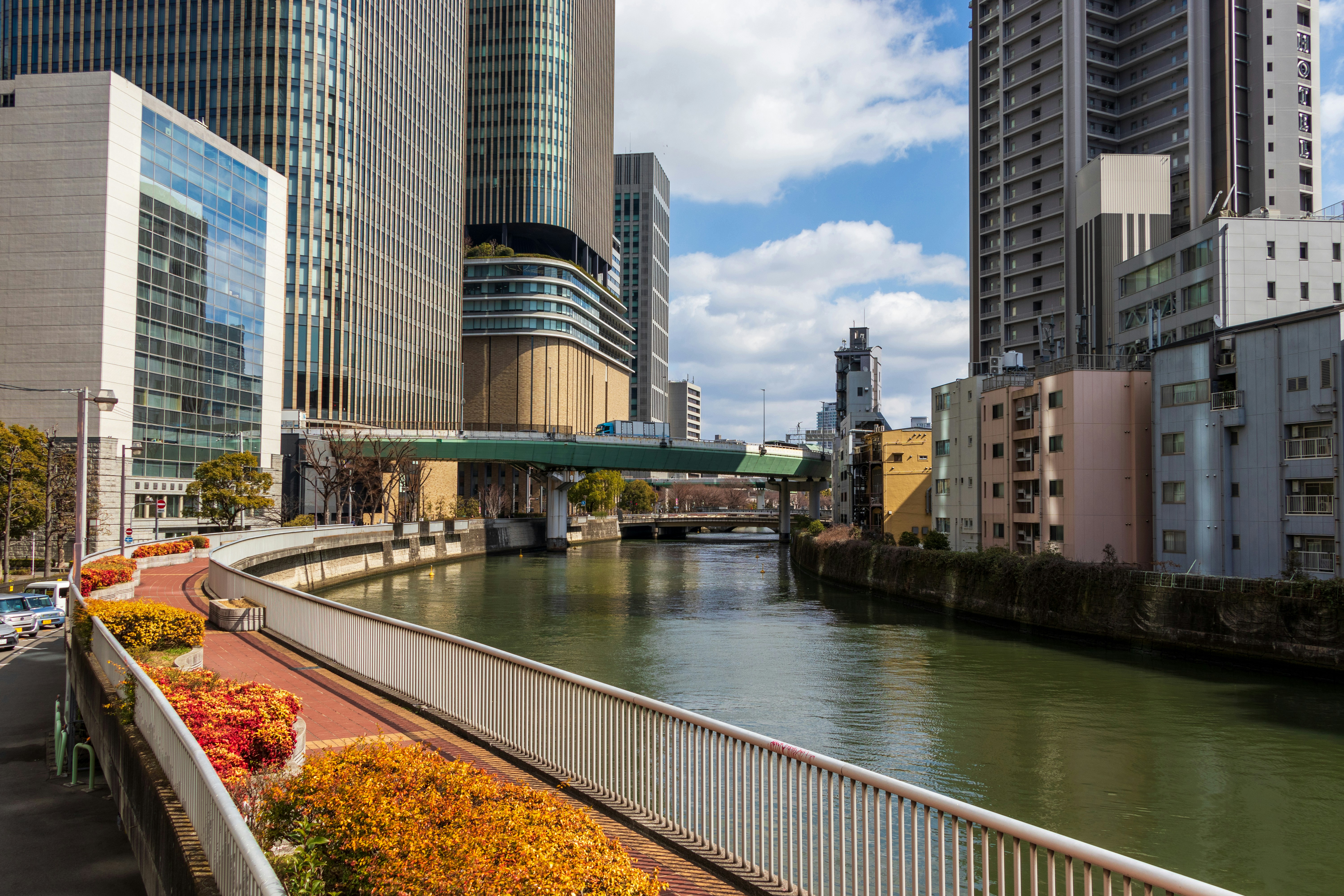 A view of modern buildings along a river, with colorful flowers in the foreground and a blue sky above.
